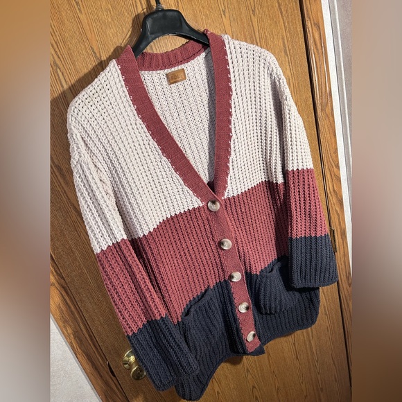 POL Baggy Colorblock Boho Buttoned Waffle Knit Cardigan - Picture 3 of 8
